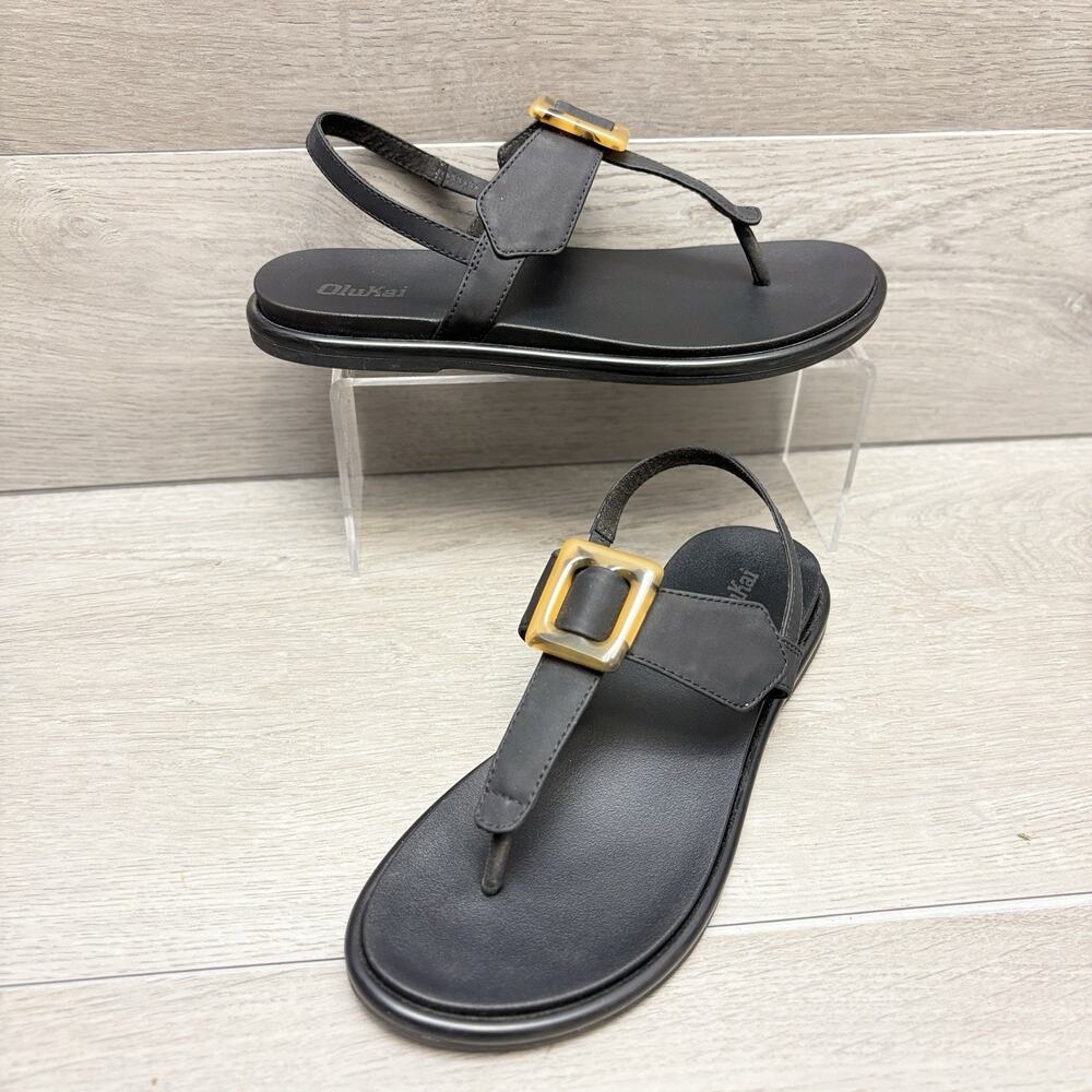 OluKai La'i T-Bar Sandals Black Slingback Tortoiseshell Buckle Sandal Size 8 - Picture 11 of 11